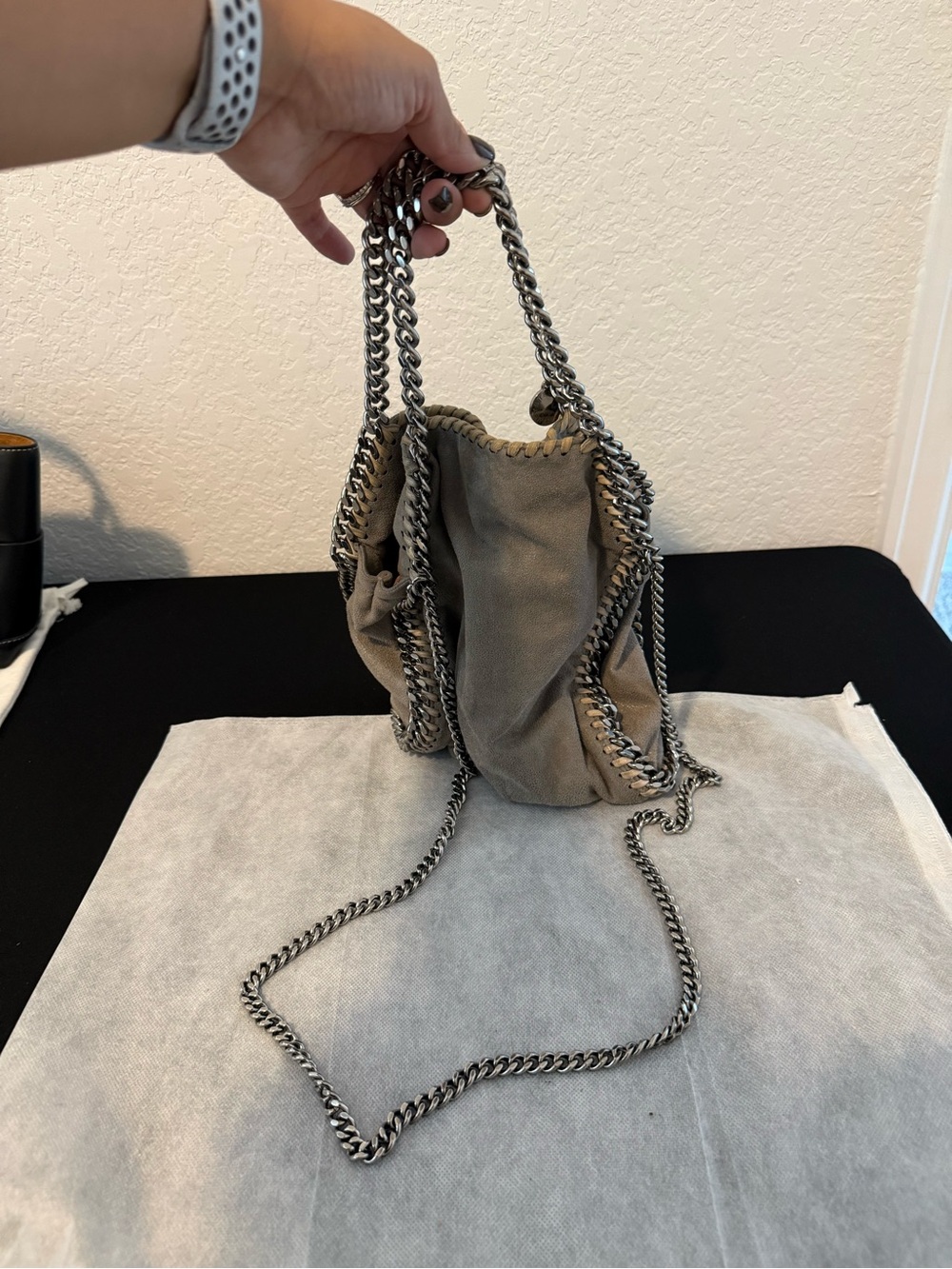 Authentic Stella McCartney Taupe Suede Whipstitch Shoulder Bag W/ Gunmetal chain - Picture 9 of 9